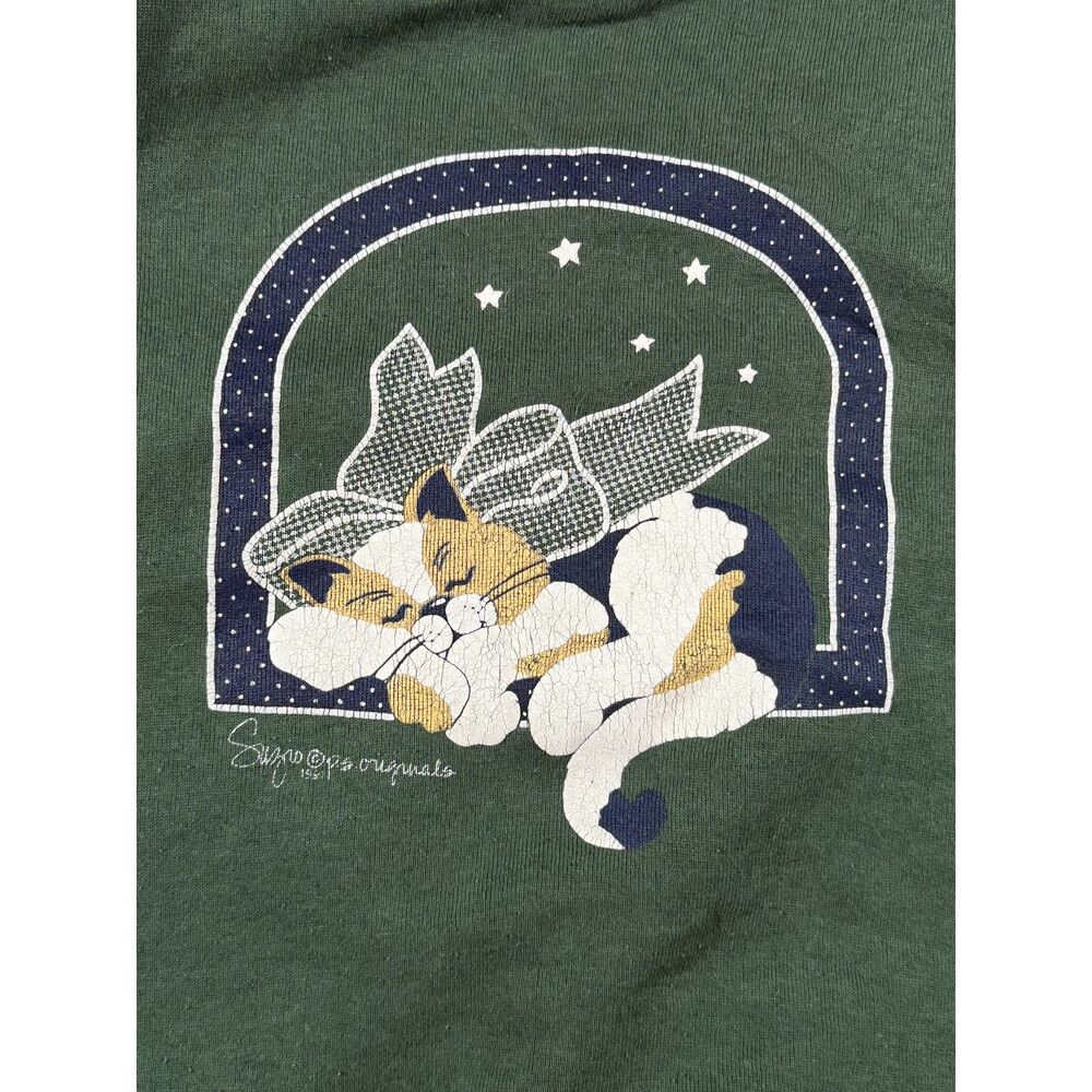 Vintage Jerzees USA Green Sleeping Cat Bow Graphic Crewneck Sweatshirt L - Picture 2 of 4